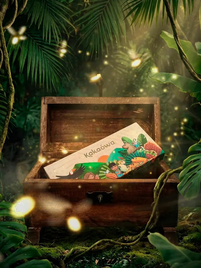 Caja de chocolates Tesoros Colombianos dentro de un cofre abierto en la selva